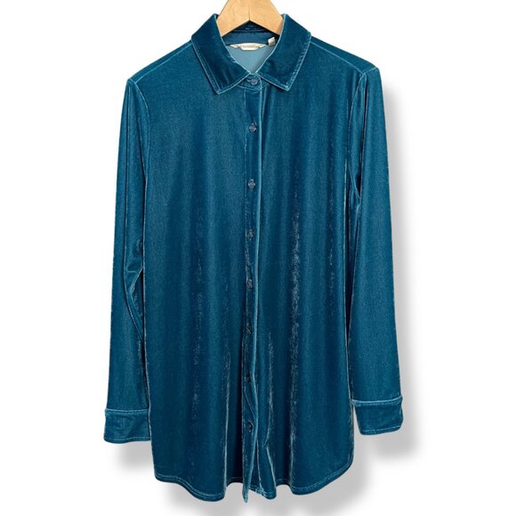 Soft Surroundings Velvet Top Blouse Button-Up Stretch Sz Medium Teal Long Sleeve - Picture 1 of 15